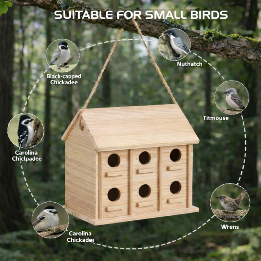 Wooden Bird Houses for Outside, 12 Rooms Hanging Bird House, Large Birdhouse for Wren Finch Bluebirds, Decorative Outdoor Bird Nesting Box
