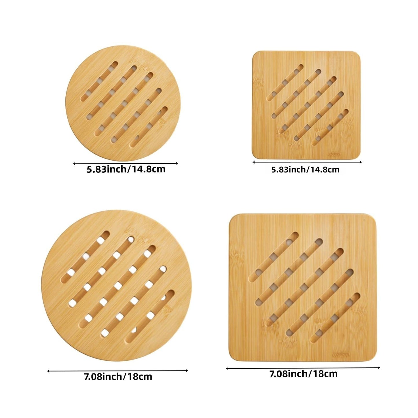 Alfto Hot Pads Trivet,Table Solid Bamboo Wood Trivets for Hot Dishes and Pot with Non-Slip Pads Heat Resistant Pads Teapot Trivet 4pcs(Multi Size,2 Square 2 Round)
