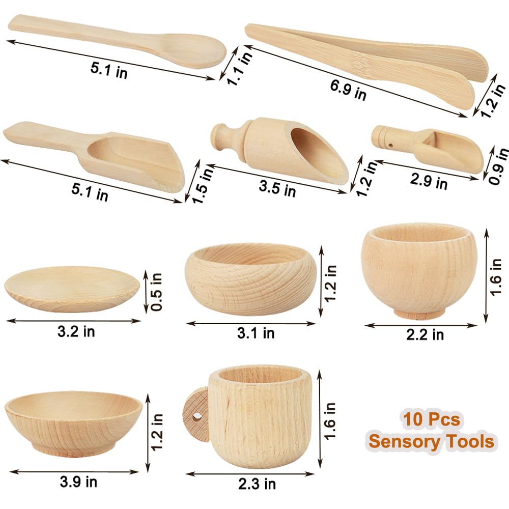 Yowlieu 10 Pcs Wooden Sensory Bin Tools for Toddlers & Preschool Children, Montessori Sensory Wooden Toys Fine Motor Learning Pretend Play Sensory Tools for Kids