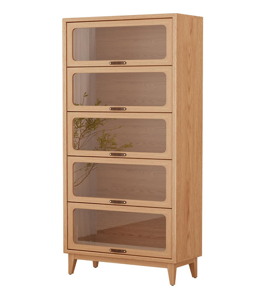 5 Tier Solid Wood Bookcase with Tempered Glass Doors Elegant Wooden Book Shelf with Doors 72H/32w/14 inch Log Khaki, Luxury Antique Bookcase Artwork Book Shelves/case for Home Office