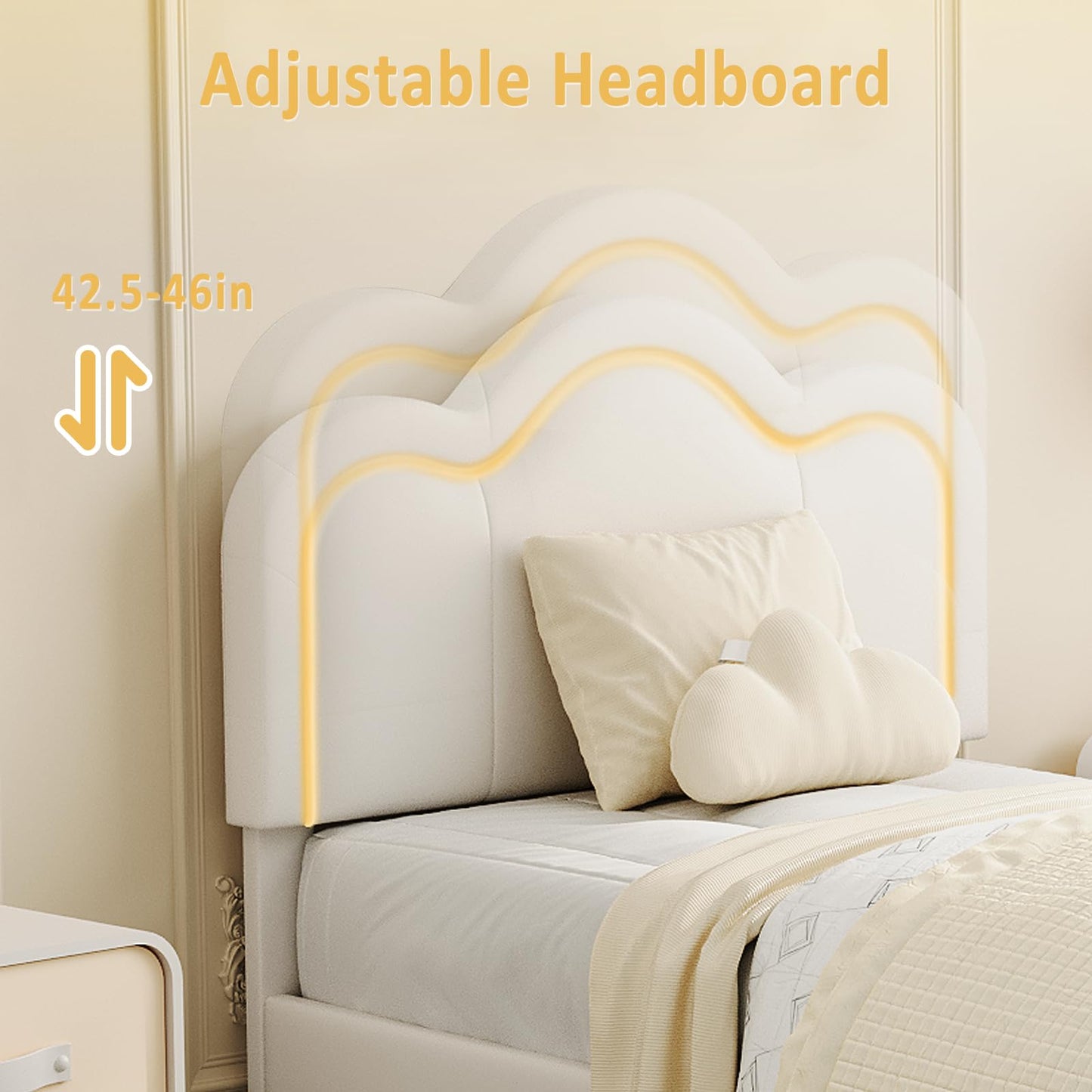 GarveeHome Twin Upholstered LED Bed Frame with Headboard and Storage Drawer, PU Leather Princess Platform Bed Frame for Kids, Wooden Slats Support, No Box Spring Needed (Cream)