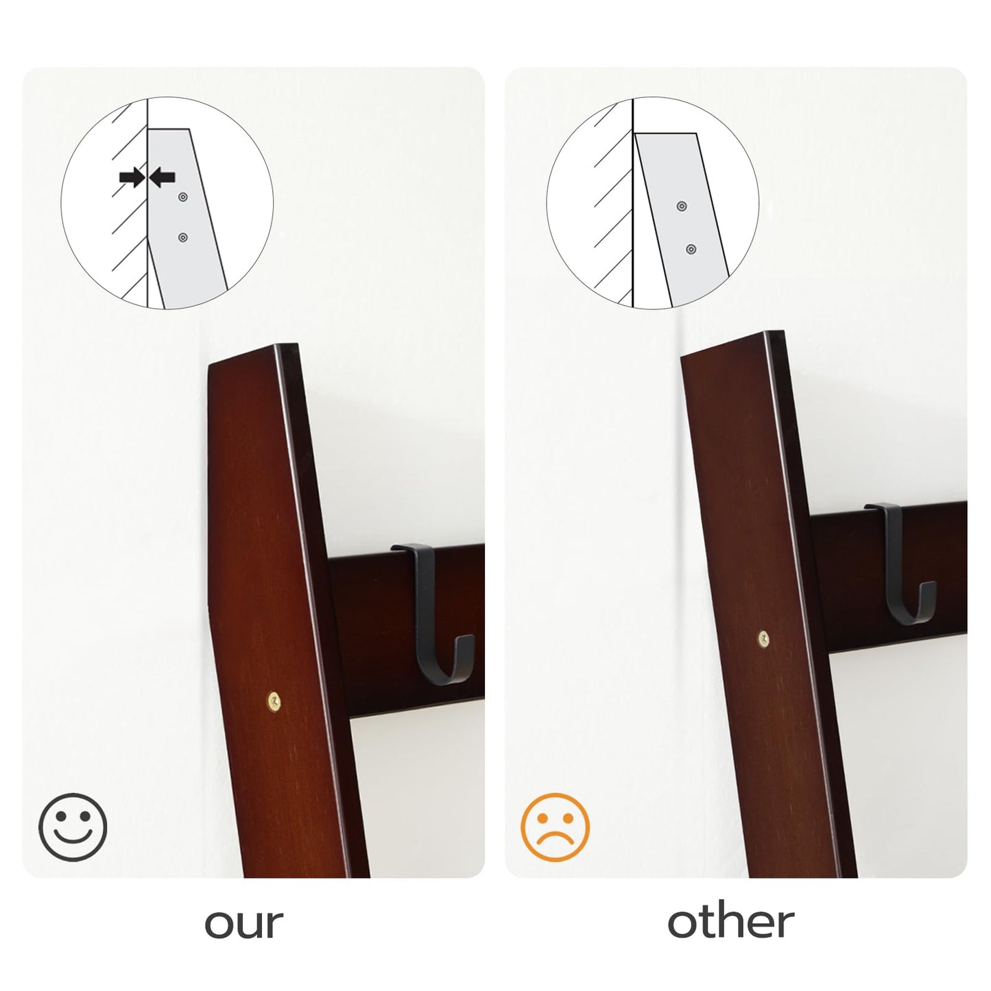 HOOBRO Blanket Ladder for Living Room and Bedroom, 5-Tier Wall Leaning Towel Rack for Bathroom, Decorative Ladder Shelf with 4 Removable Hooks, Farmhouse Blanket Storage, Brown BR51CJ01G1