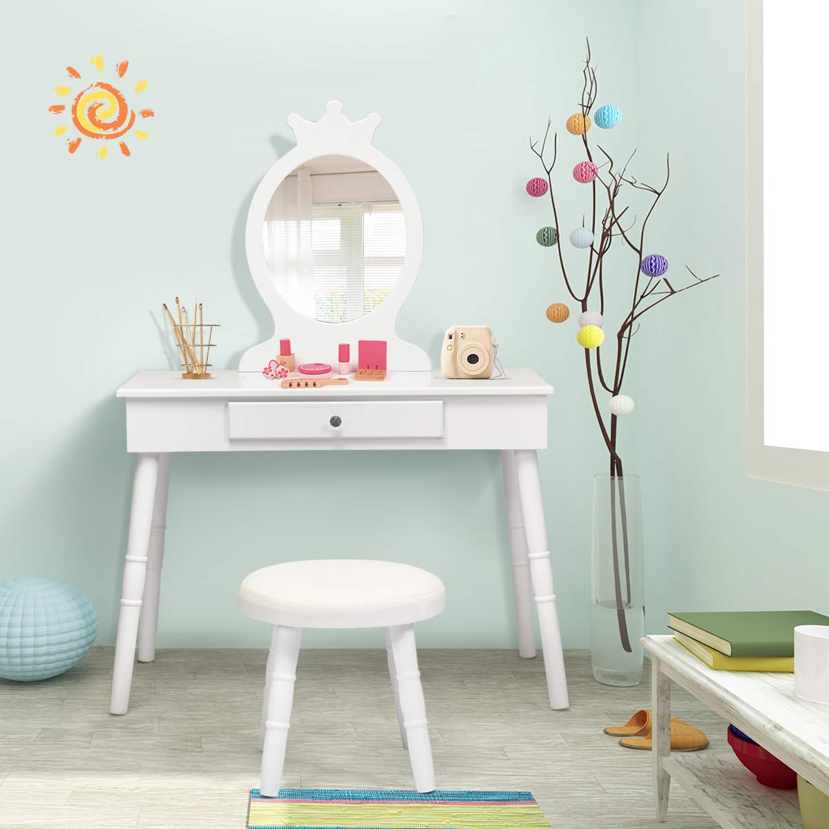 GOFLAME Kids Vanity Set, Princess Dressing Table Set, Wooden Dresser, Little Girls Makeup Table and Stool Set, Pretend Beauty Play Set with Real Mirror, Pull-Out Drawer and Cushioned Stool (White)