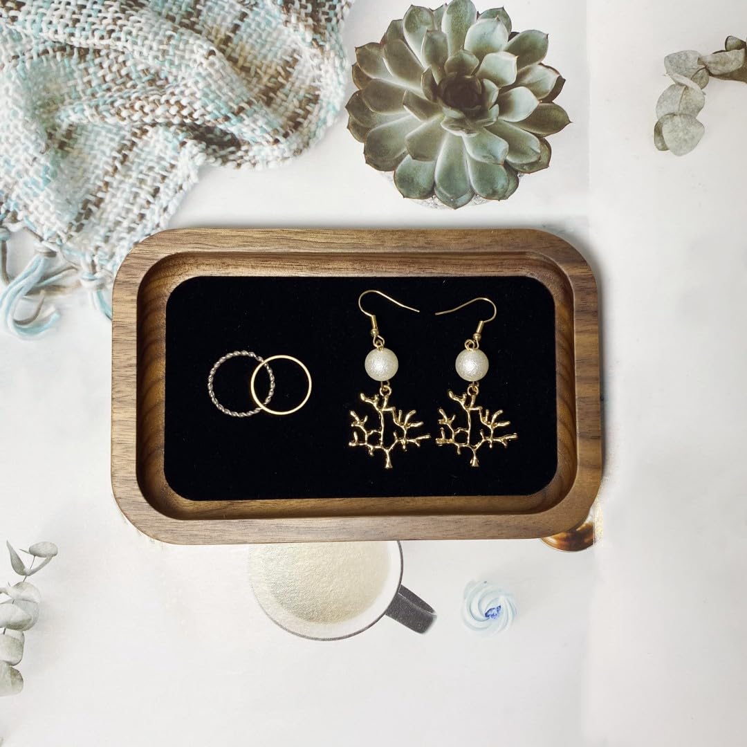 RANNYOZIO Wooden Jewelry Tray Small Trinket Dish with Velvet Surface Rings Earrings Dish Necklaces Bracelet Organizer Display Tray for Dresser Drawer Tabletop Birthday Gift(Rectangle)