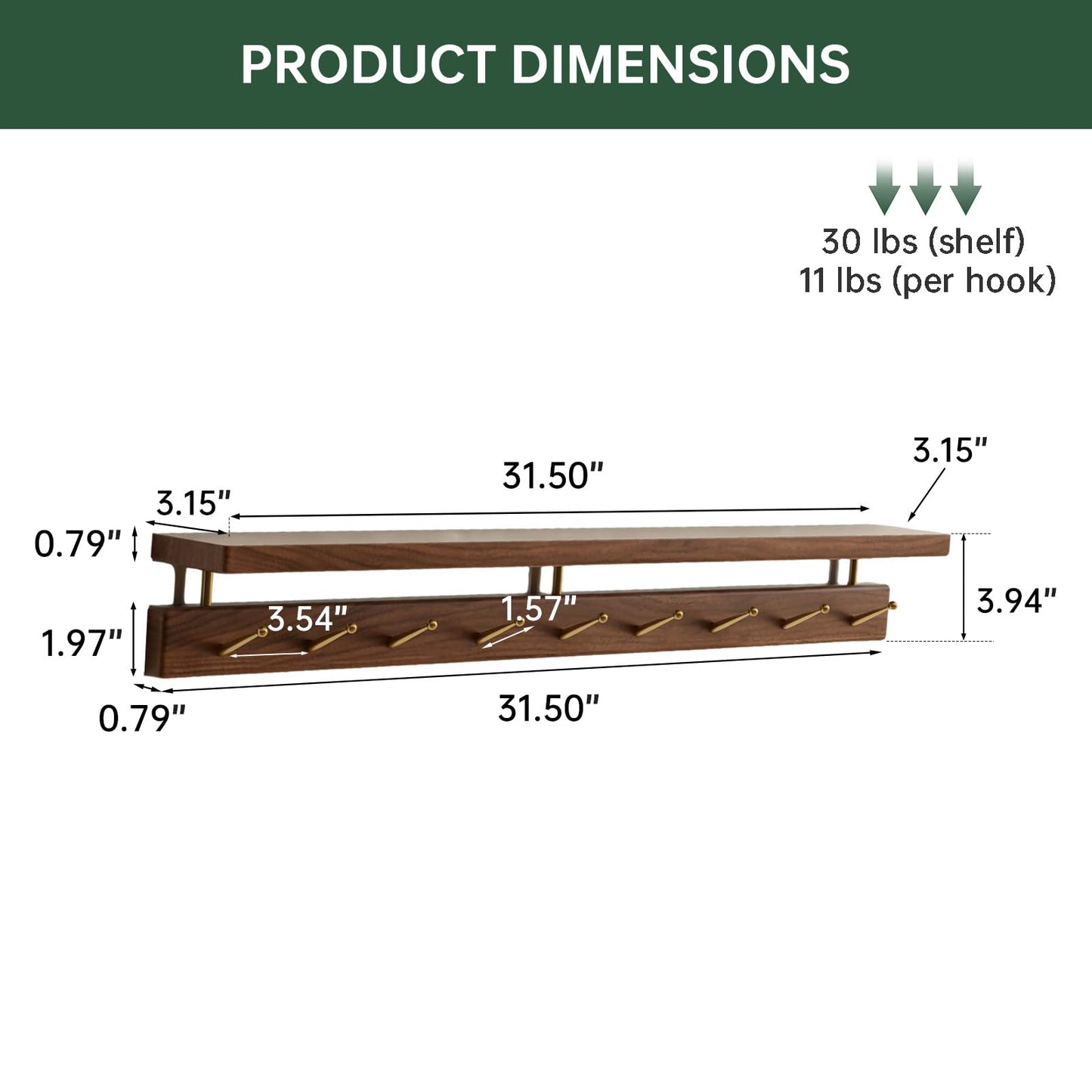 Wayshome Walnut Wall Hooks with Shelf, Coat Rack Wall Mount, Entryway Hanging Shelf with 9 Brass Hooks for Hats, Clothes, Towels, Bags, Black Walnut Wood, Natural