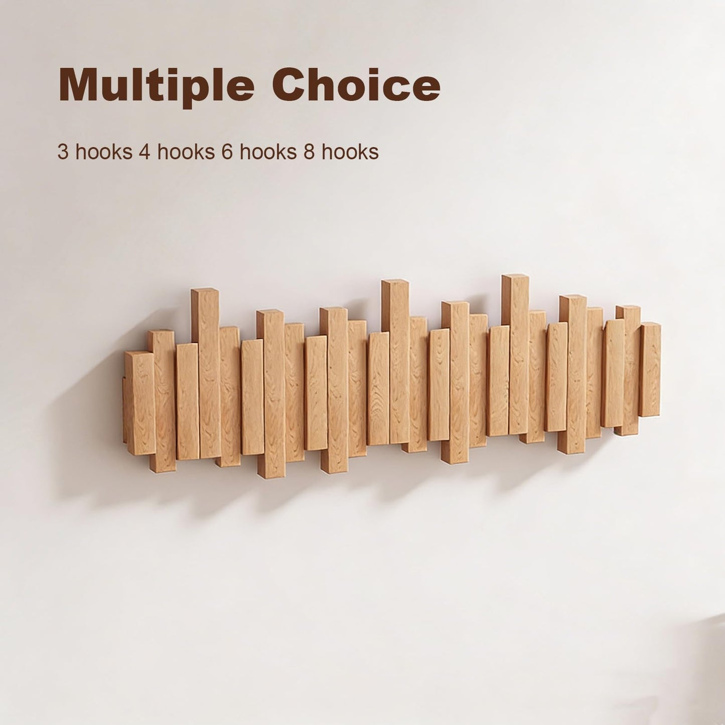 CAQ Wood Piano Key Coat Rack Wall Mount, Modern Coat Rack with 3 Magnetic Flip Hooks, 110 lbs Load Bearing, Space Saving Home Storage Decor, White