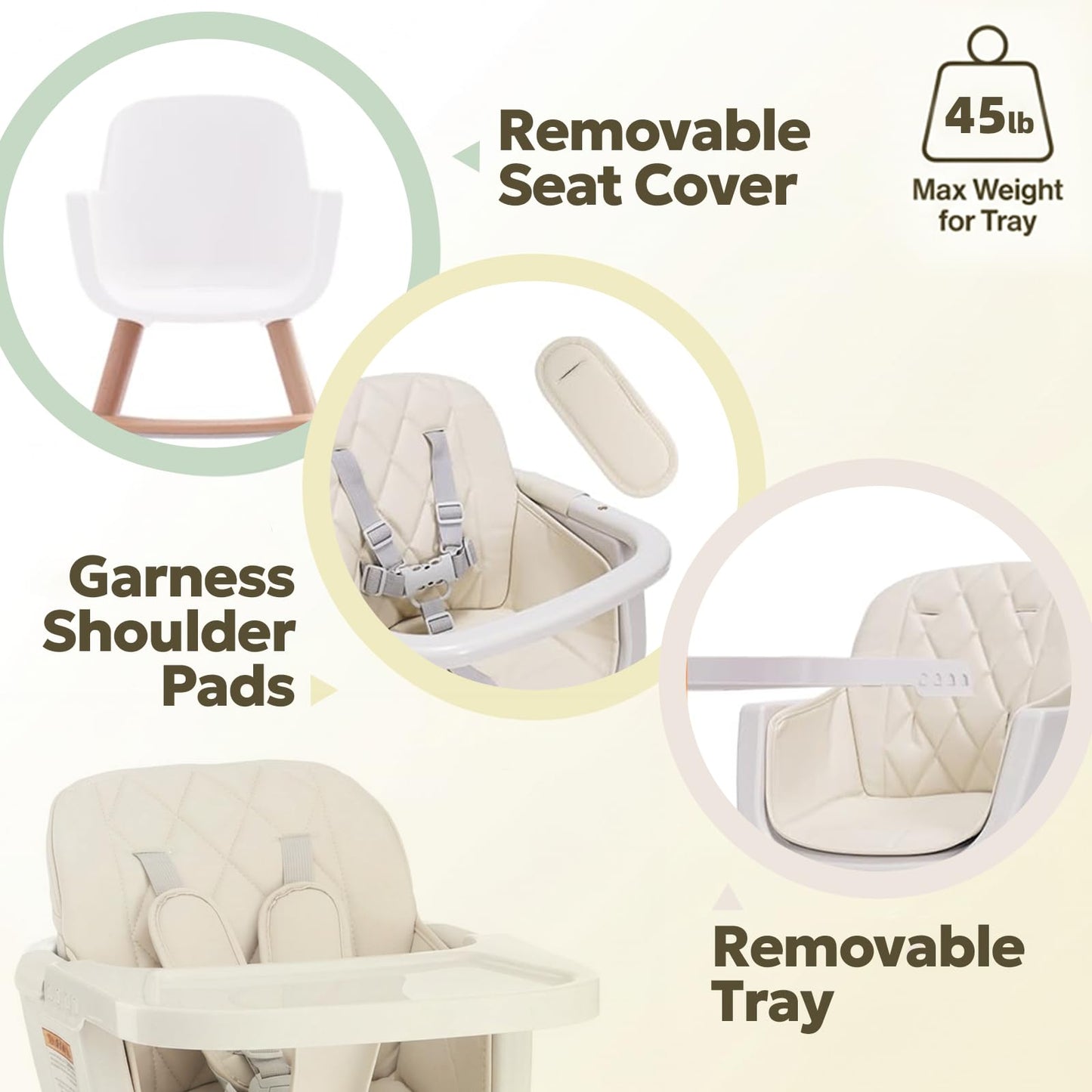 Mallify 3-in-1 Wooden High Chair, Convertible High Chairs for Babies and Toddlers, Baby Highchair with Adjustable Legs & Dishwasher-Safe Tray, Sleek Hardwood & Premium PU Cushion, Beige