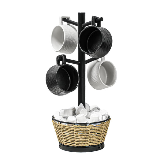 Wood Mug Holder Tree With Woven Basket, 4 Hooks Coffee Mug Holder, Countertop Mug Tree For Kitchen Counter Cabinet Coffee Bar Accessories Cup Display Organizer Hanger(Black)