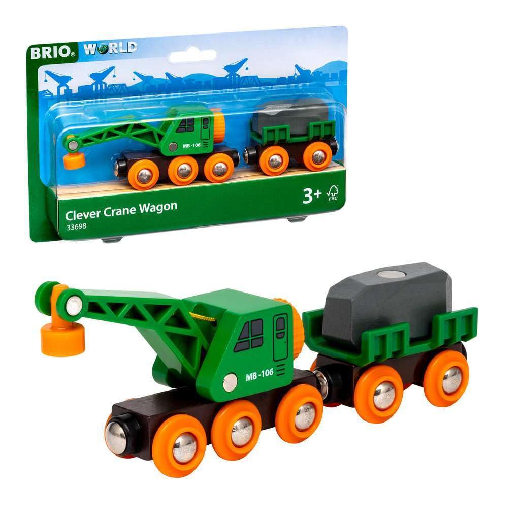 BRIO World 33698 - Clever Crane Wagon Set - 4 Piece Wooden Toy Train Set for Kids | Imaginative Play | Compatibility with Other Sets | FSC-Certified Wood