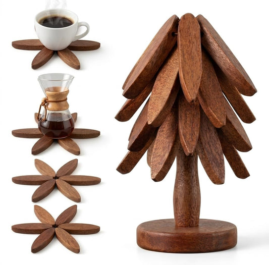 Wooden Trivets for Hot Dishes, Foldable Tree Trivet Set with Stand, 4-Layer Walnut Wood Trivet for Pots, Pans, Coffee & Teapot, Space Saving Table Protector for RV, Decorative Kitchen Decor & Gift