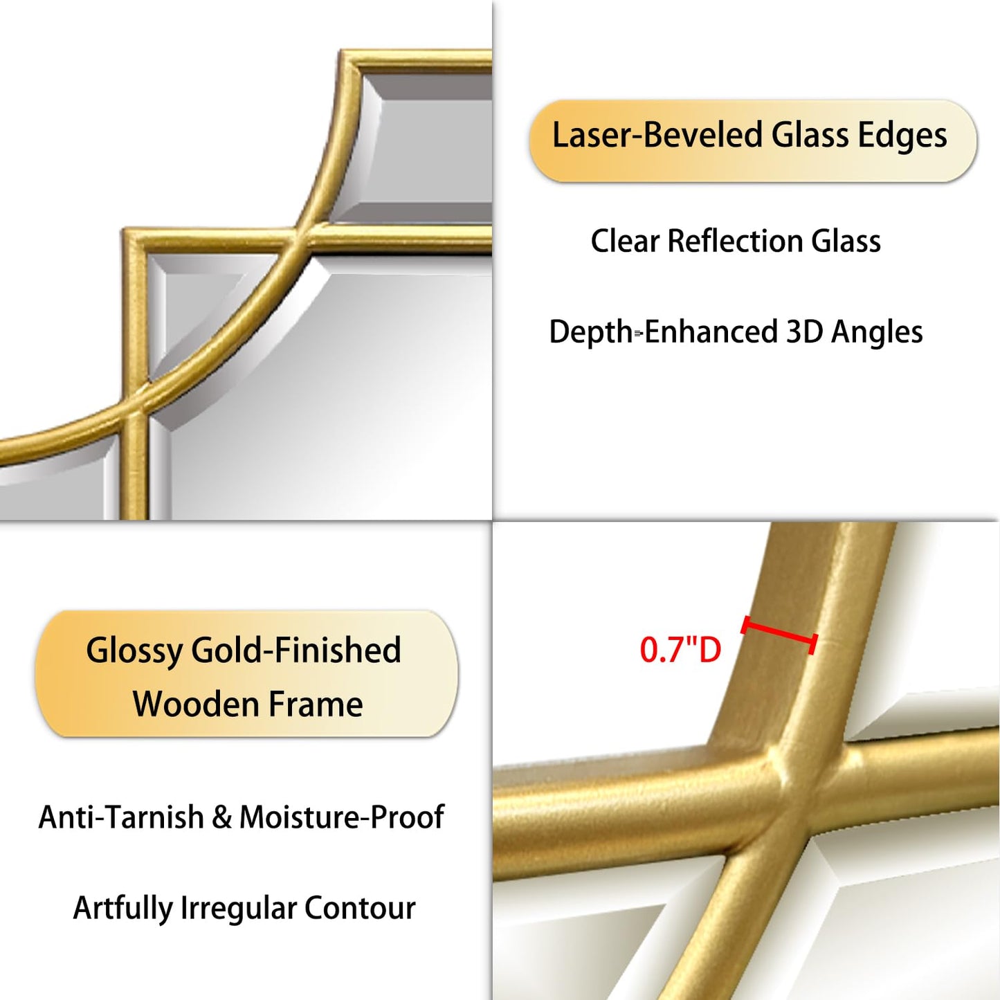 HQiJun 30x20 Inch Gold Bathroom Mirror, Wooden Frame with Scalloped Polished Beveled Glass, Modern Art Wall Decor for Vanity, Irregular Rectangle Mirror for Bedroom, Living Room, Fireplace & Entryway