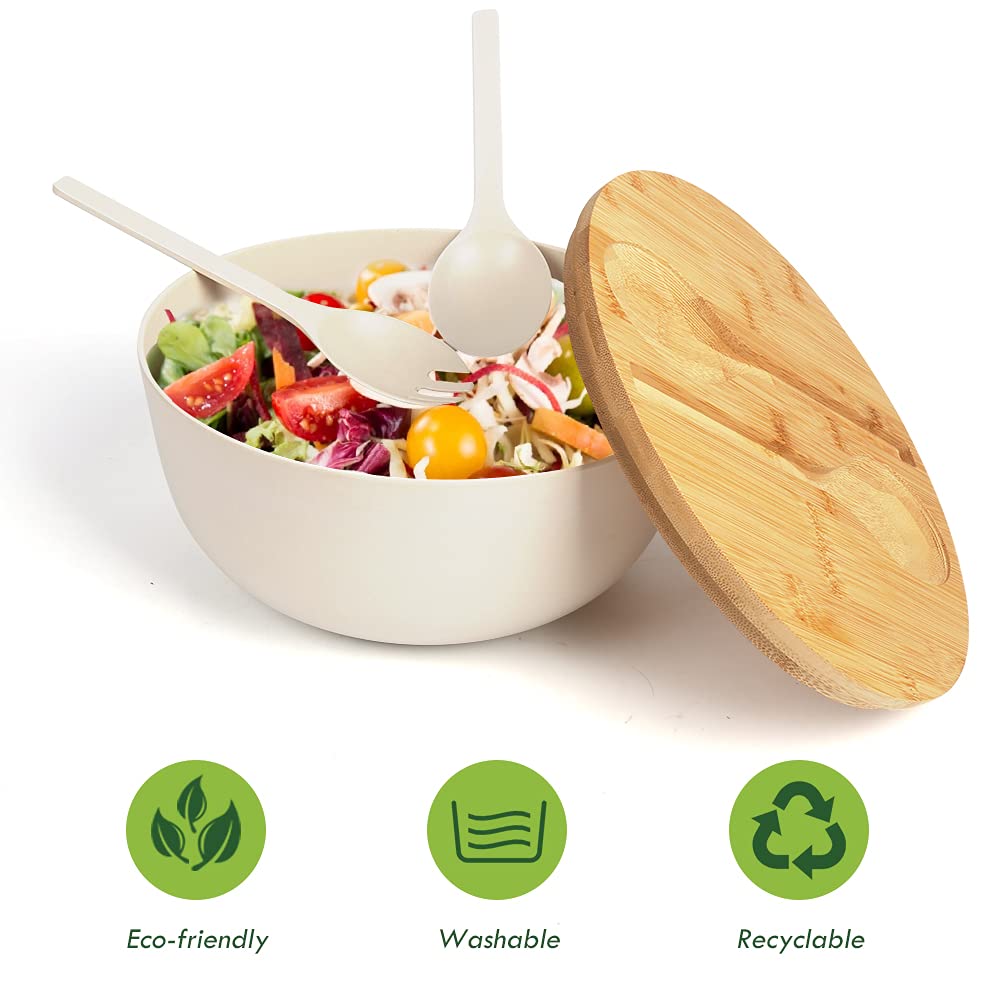 ShineMe Large Salad Bowl with Lid, Bamboo Fiber Salad Serving Bowl Set with Utensils, 9.8inches Mixing Bowl with Servers, Solid Bamboo Wooden Bowl for Candy, Salad, Fruits, Vegetables and Pasta(White)