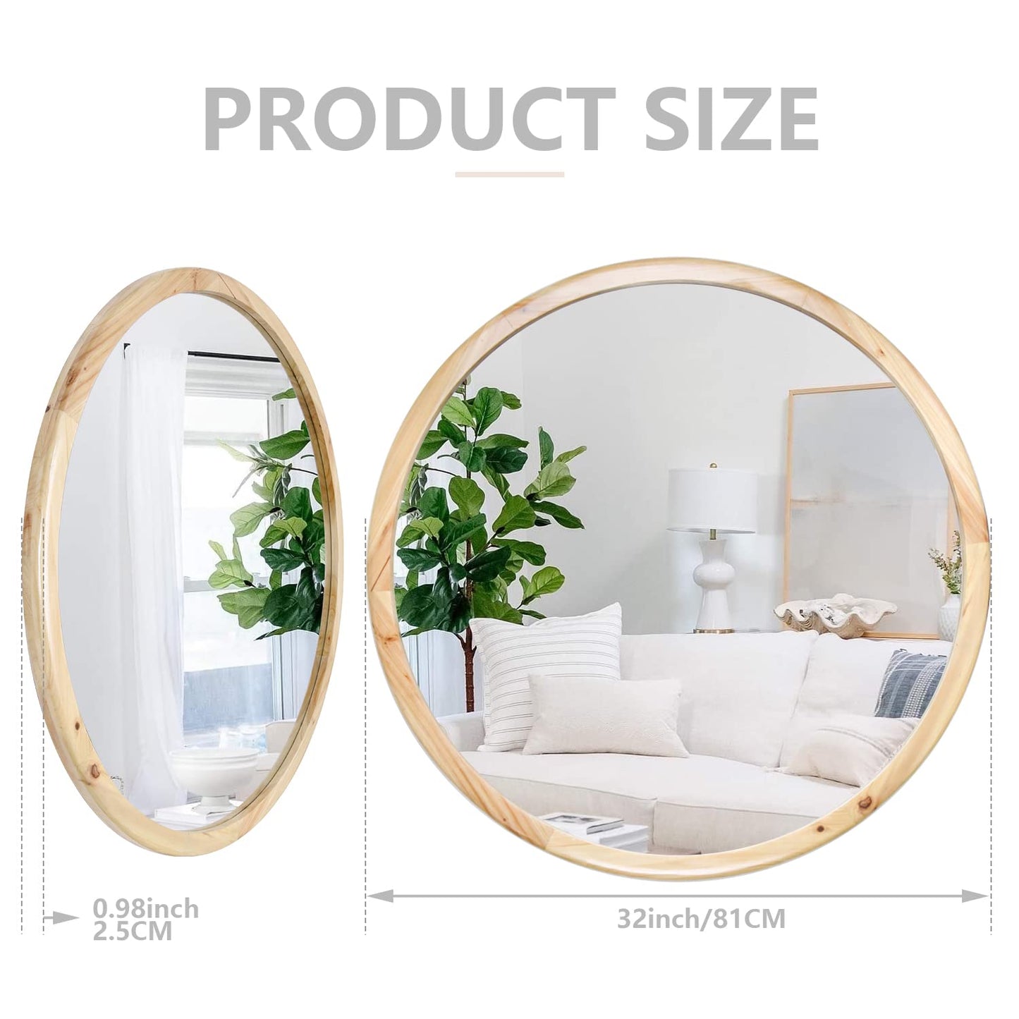 GLCS GLAUCUS Round Wood Mirror,32 inch Circle Wooden Natural Large Farmhouse Vanity Boho Decor Wall Mirror for Bathroom Bedroom Living Room Hallway