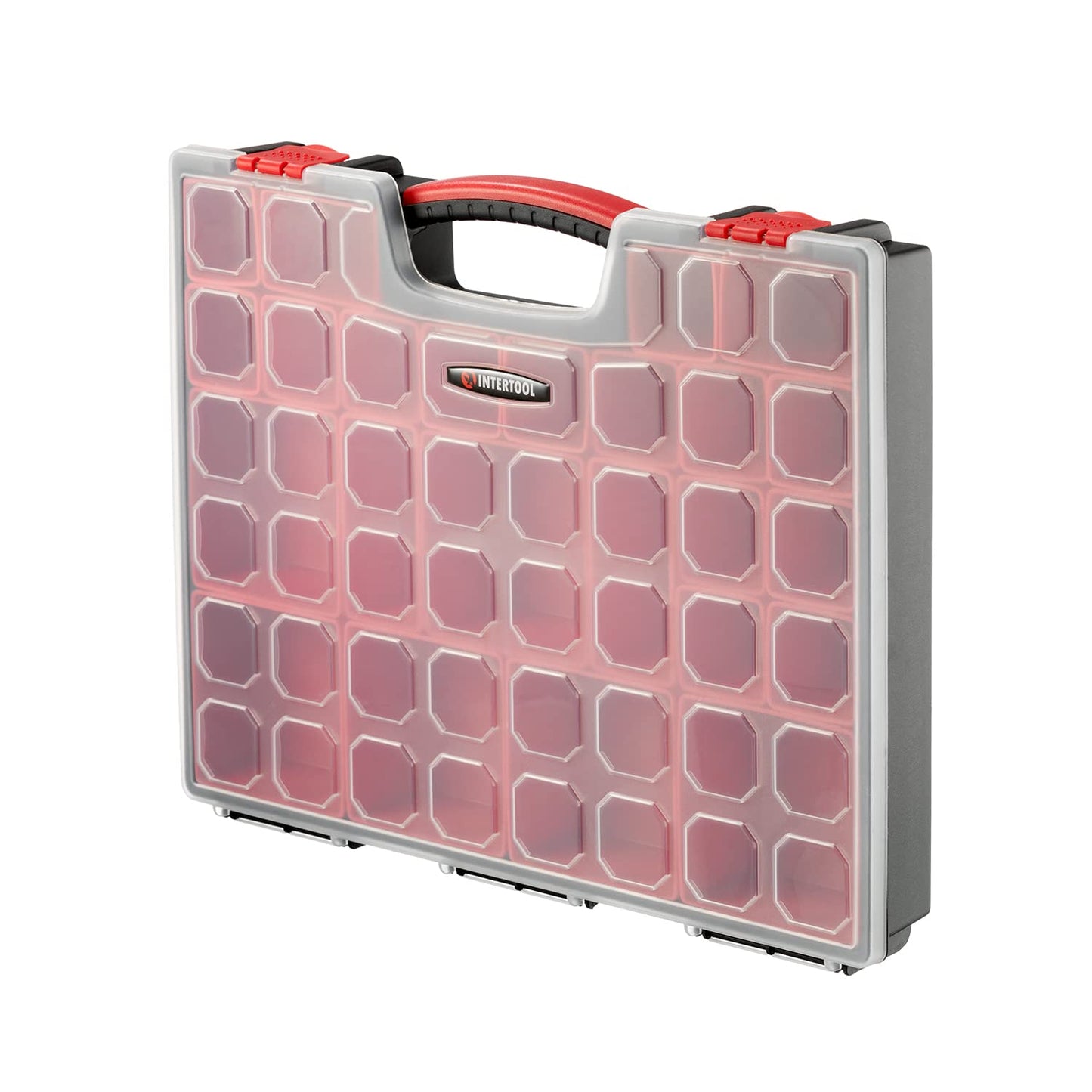 INTERTOOL Hardware Organizer with 24 Removable Bins - Small Parts Storage Tool Box for Nuts, Bolts, Screws, Nails - Portable Handle Transparent Lid with Locks BX08-4033