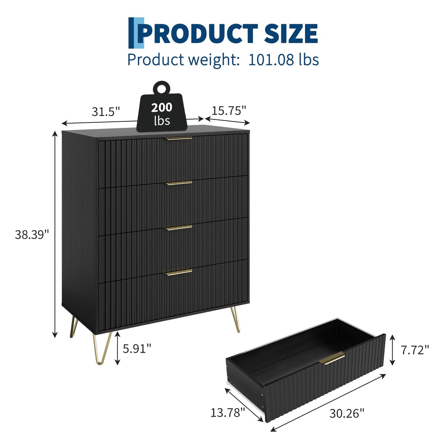 GarveeHome Fluted Dresser for Bedroom with 4 Drawers,32" Wide Modern Chest of Wooden Bedroom Chest with Metal Handle,Clothes Storage Organizer,Dresser & TV Stand for Living Room,Black