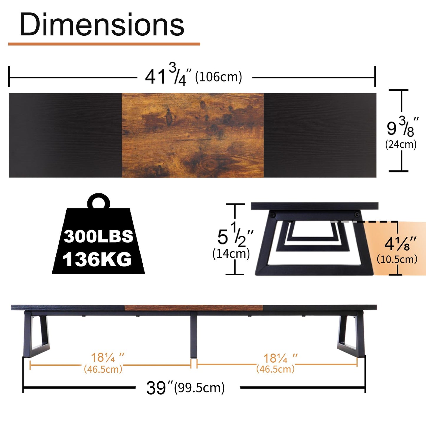 TEAMIX 42 inch Large Dual Monitor Riser, Extra Long Monitor Stand Riser for 2 Monitors, Wood & Steel Desktop Riser Desk Organization Home Office (Black+Brown, 42 inch)