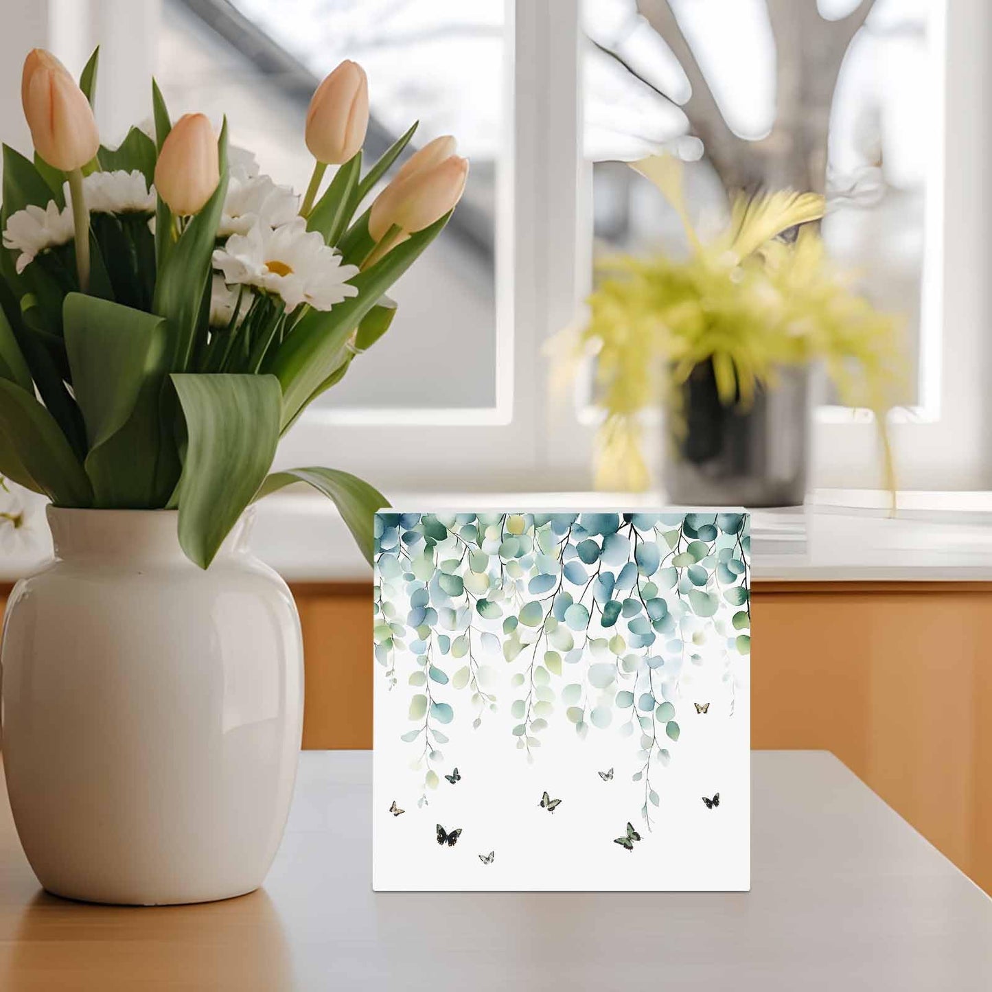 Wood Box Sign Desk Decor Sage Green Eucalyptus Leaves Butterfly Square Boxes Sign, Botanical Wooden Block Box Sign Decoration for Home Wall Tabletop Shelf Office Decor,6x6IN