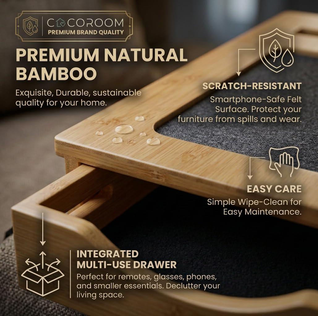 COCOROOM Sofa Armrest Tray with Drawer & Cup Holder — Wooden Couch Arm Tray with Anti-Slip Surface | Fits Most Sofa & Couch Arms (Natural)