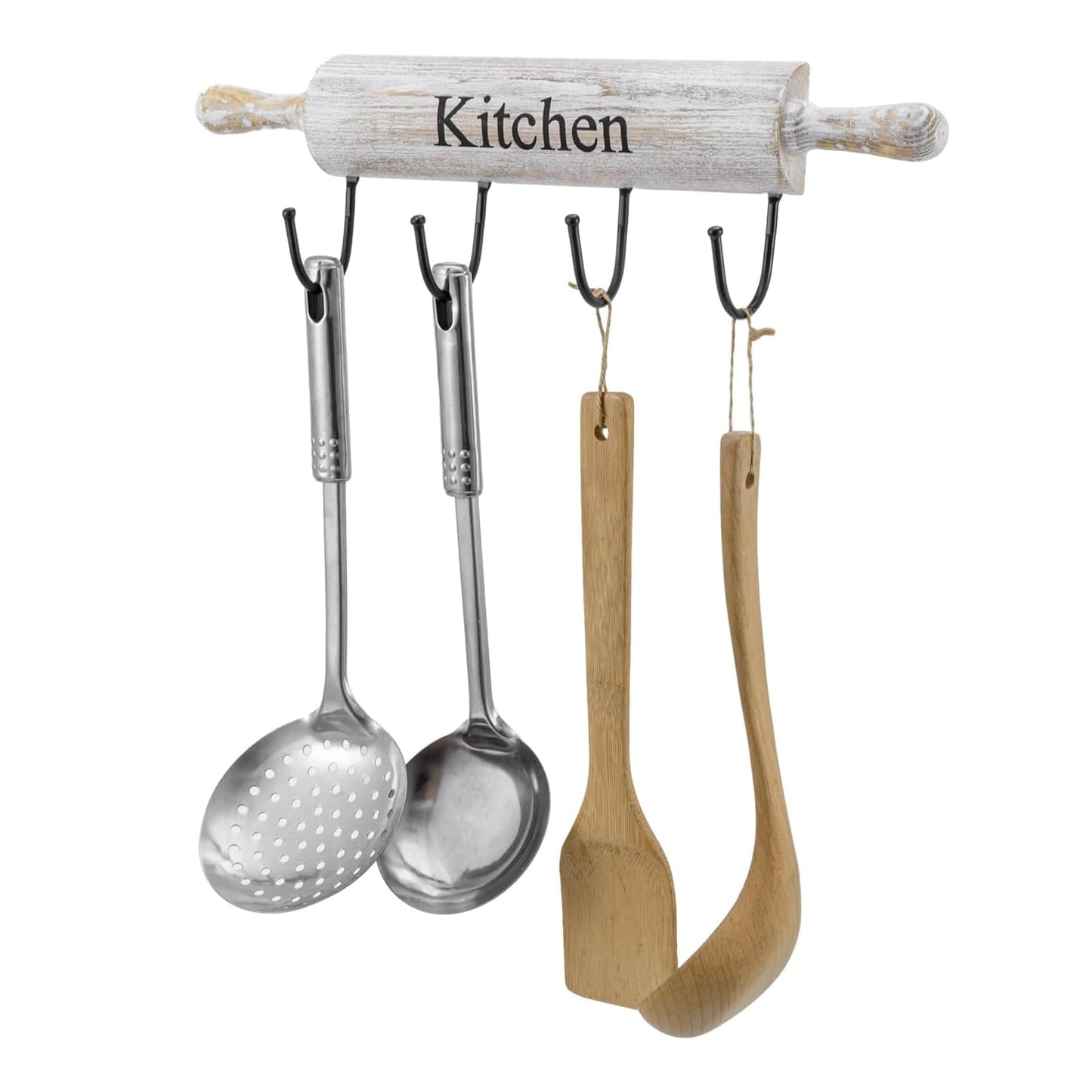 MyGift Wall Mounted Kitchen Utensil Rack, Rustic White Washed Wood Rolling Pin Cooking Tool Hanger with 4 Hooks for Aprons, Dish Towel, Mugs, Spoons