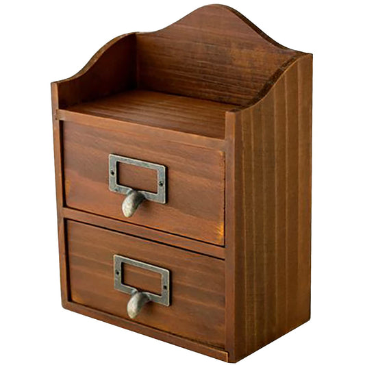 Mini Vintage 2 Drawer Desktop Organizer - Rustic Card Catalog with Label Holders - Small Chest for Organization - Library Box - Wood Table Cabinet Top Vertical Storage Bin