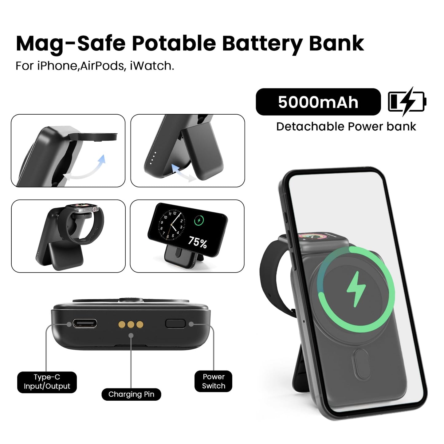 SUPERV 4 in 1 Wireless Charging Station: 5000mAh Removable Power Bank Foldable Charging Stand - Portable Magnetic Battery Pack for iPhone 17/16/15/14/13/12 Series and Apple Watch/AirPods (Black)