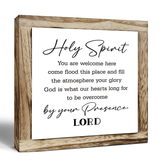 Religious Wood Sign, Wooden Plaques Table Decor, Welcome Sign for Front Door Decor, Religious Home Decorate for Shelf, Living Room Decorate, Holy Spirit Signs, Christian Box Signs 7.8×7.8×0.67inches