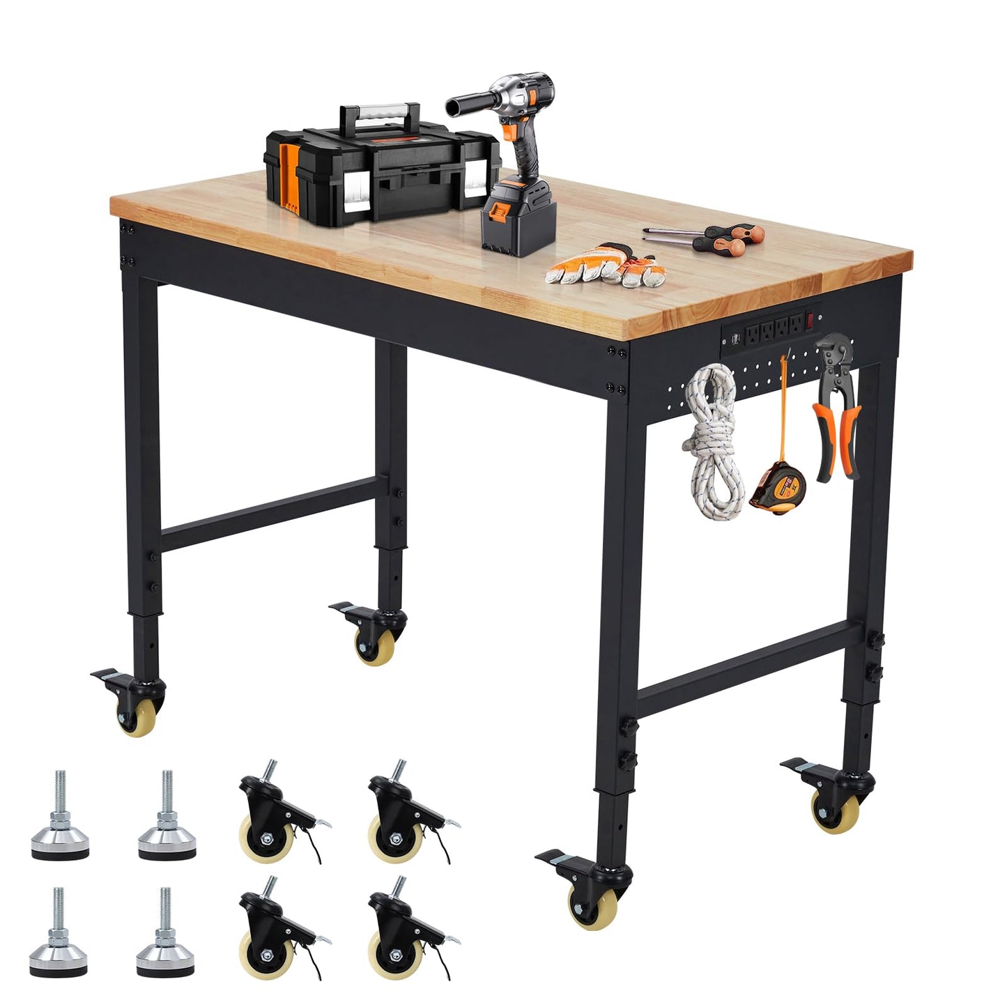 Garage Workbench with Rubber Wood Top, 48×24 Inch Heavy-Duty Workbench Workstation, 2000LBS Loading Capacity, Tool Storage Table, Locking Wheels, for Workshop, Garage, DIY Projects, Black