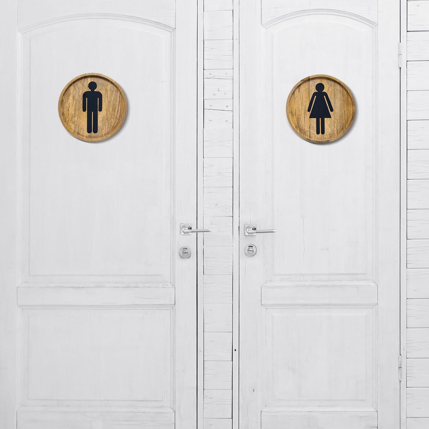 MyGift 10 Inch Round Rustic Solid Mango Wood Wall Hanging Mens and Womens Bathroom Signs with Matte Black Metal Cutout Male Female Gender Symbols, 2 Piece Set - Handcrafted in India