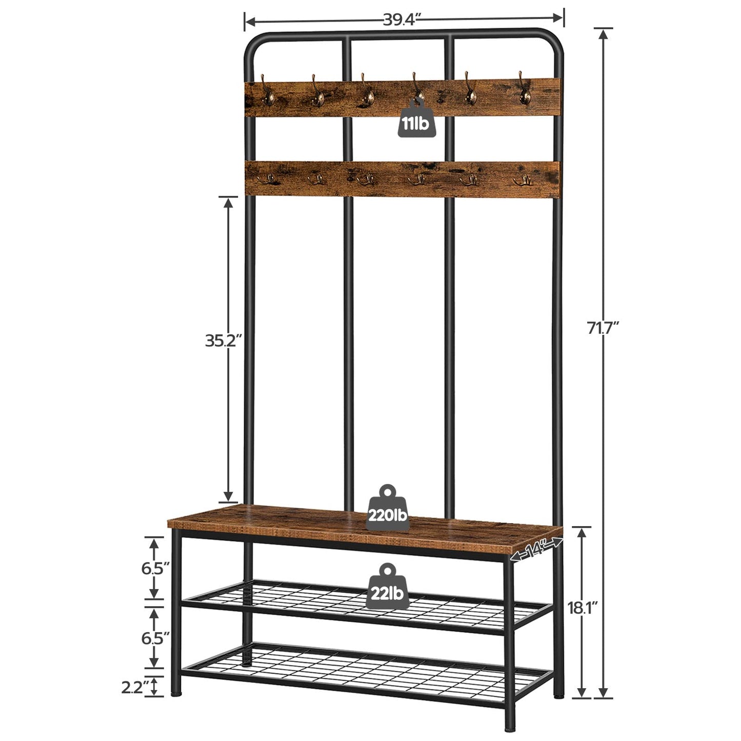 HOOBRO Extra Large Hall Tree with Shoe Bench and Coat Rack, Wood and Metal, 39.4"L x 14"W x 71.7"H