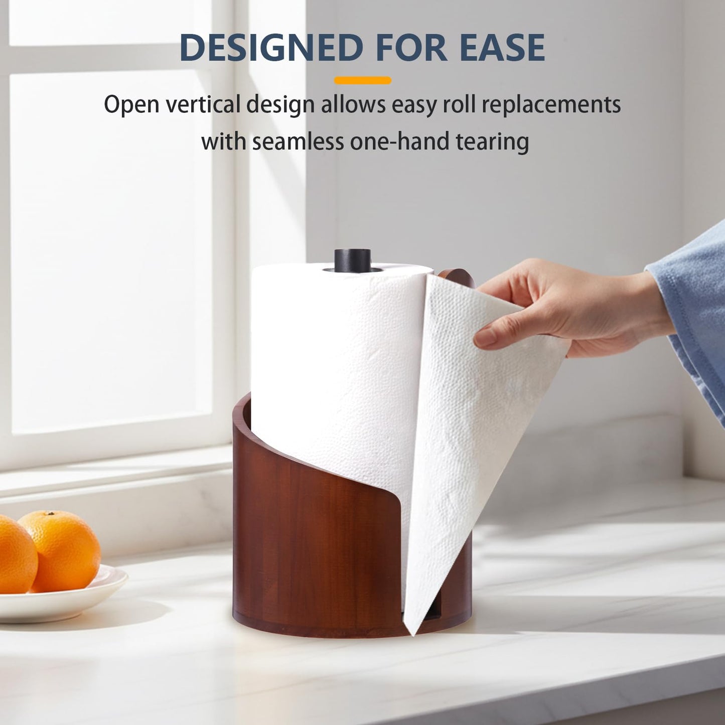 Paper Towel Holder Countertop with Wood Round Base and Iron Holder,Holds Mega Roll,Holder Stand for Kitchen Roll Organize,Wooden Paper Towel Holder for Kitchen Dining Table Home Decor