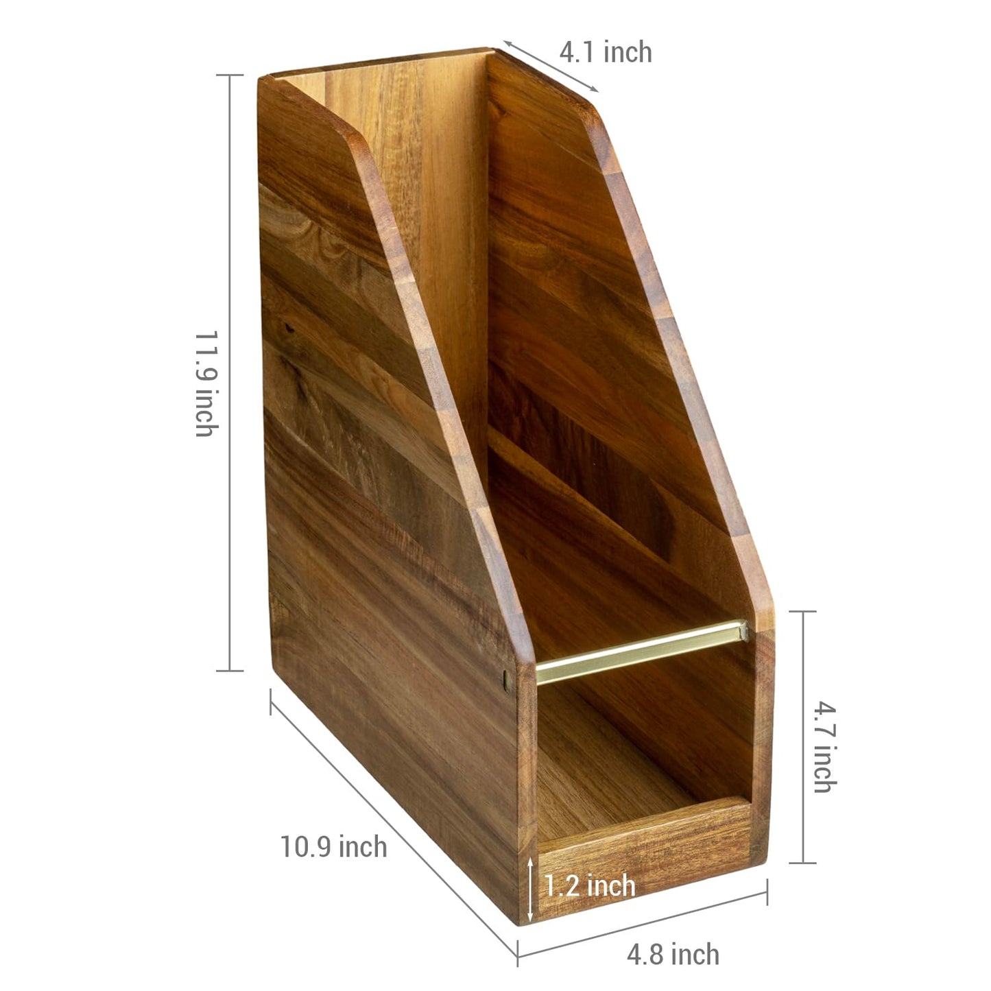 MyGift Premium Hotel Series Solid Acacia Wood Desktop Magazine File Holder Bin with Brass Tone Metal Accent, Vertical Office Desk Document Folder Binder Storage Organizer Rack