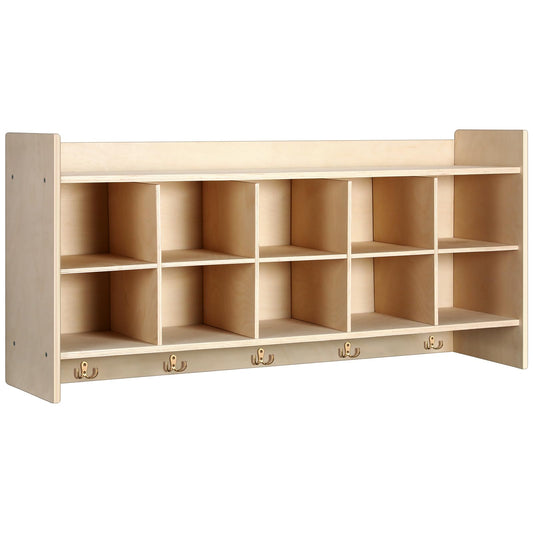 Colingmill Wall Cubbies 10 Section Hanging Cubby Storage Organizer with Coat Hooks Wooden Daycare Storage for Classroom School Kindergarten Kids Toys