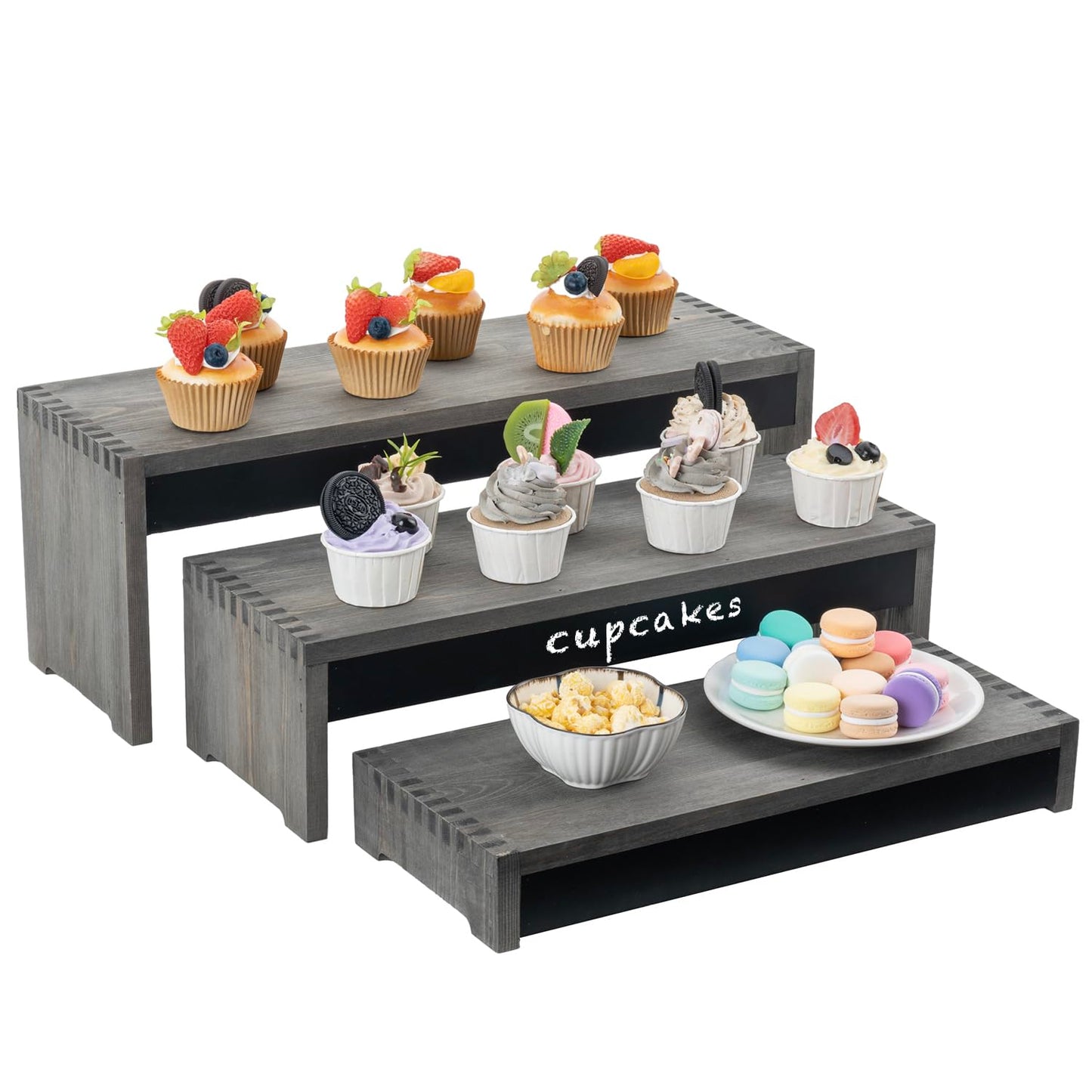 MyGift 3 Tier Wooden Display Risers, Cupcake Stand with Chalkboard Label Panels, 21 Inch Tabletop Nesting Dessert Stands, Gray Wood Retail and Merchandise Jewelry Perfume Candle Organizer Shelf