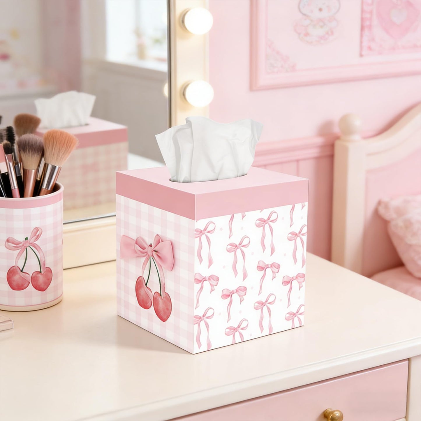 2 Pcs Pink Bow Tissue Box Cover 5.9 x 5.9 x 5.9 Inch Wooden Coquette Bow Decorative Tissue Box Holder Square Paper Towel Holder Cube Boxes Funny Cube Case for Home Pink Party Decorations Supplies