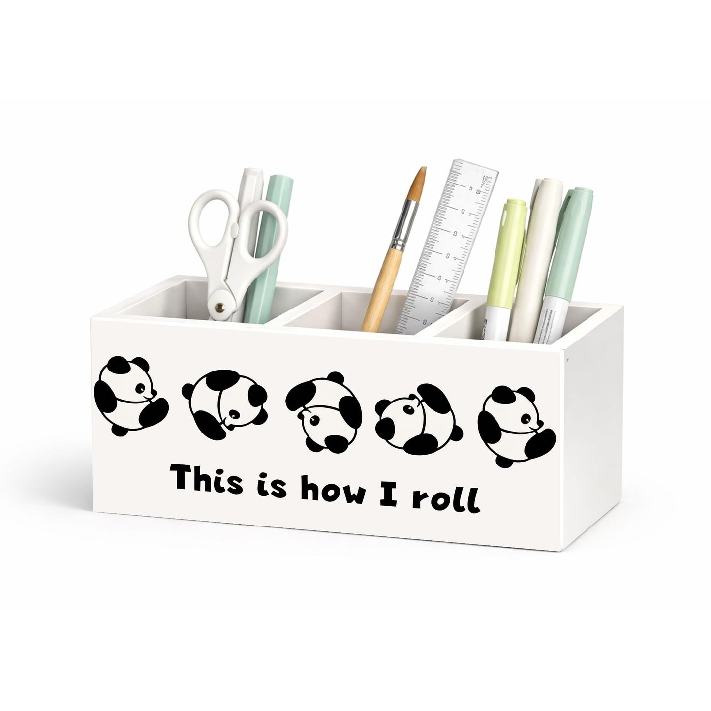 GGED Wooden Desk Organizer with Panda Design, 3 Compartment Pen Pencil Holder, Decorative Office Supply Storage Box for Home, Office, Desk Table, Gift for Friends and Coworkers