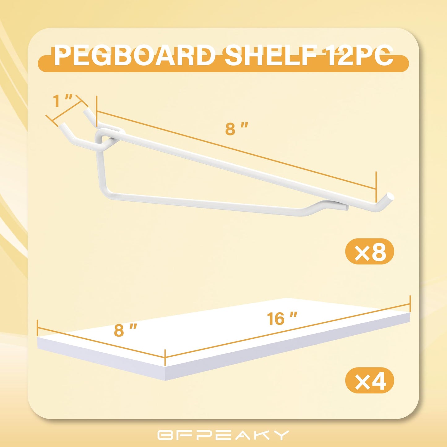 BFPeaky White Pegboard Shelf Set, 4 pcs, 8" x 16"