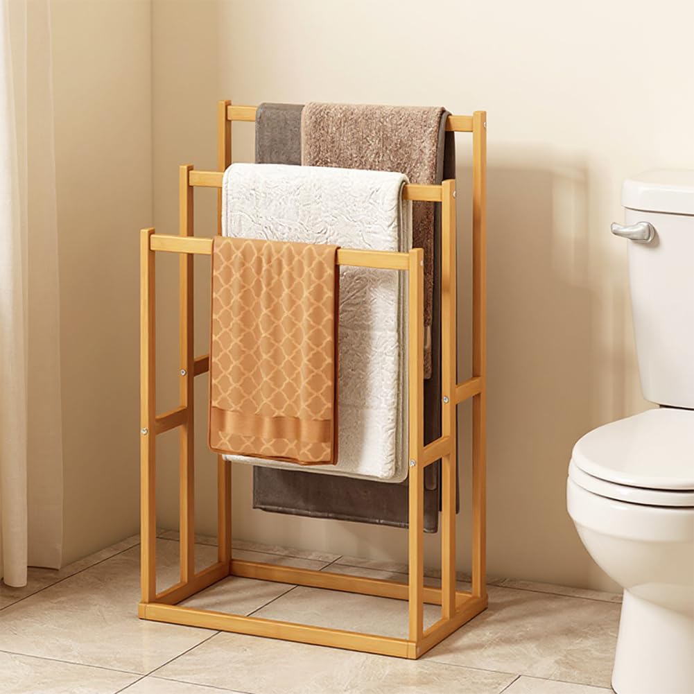 ETOYA Freestanding Wooden Towel Rack with 3 Crossbars, 3-Tier Decorative Blanket Ladder Display Stand, Drying Storage Organizer, Towel Holder for Bathroom, Living Room, Bedroom, Pool & Laundry Area