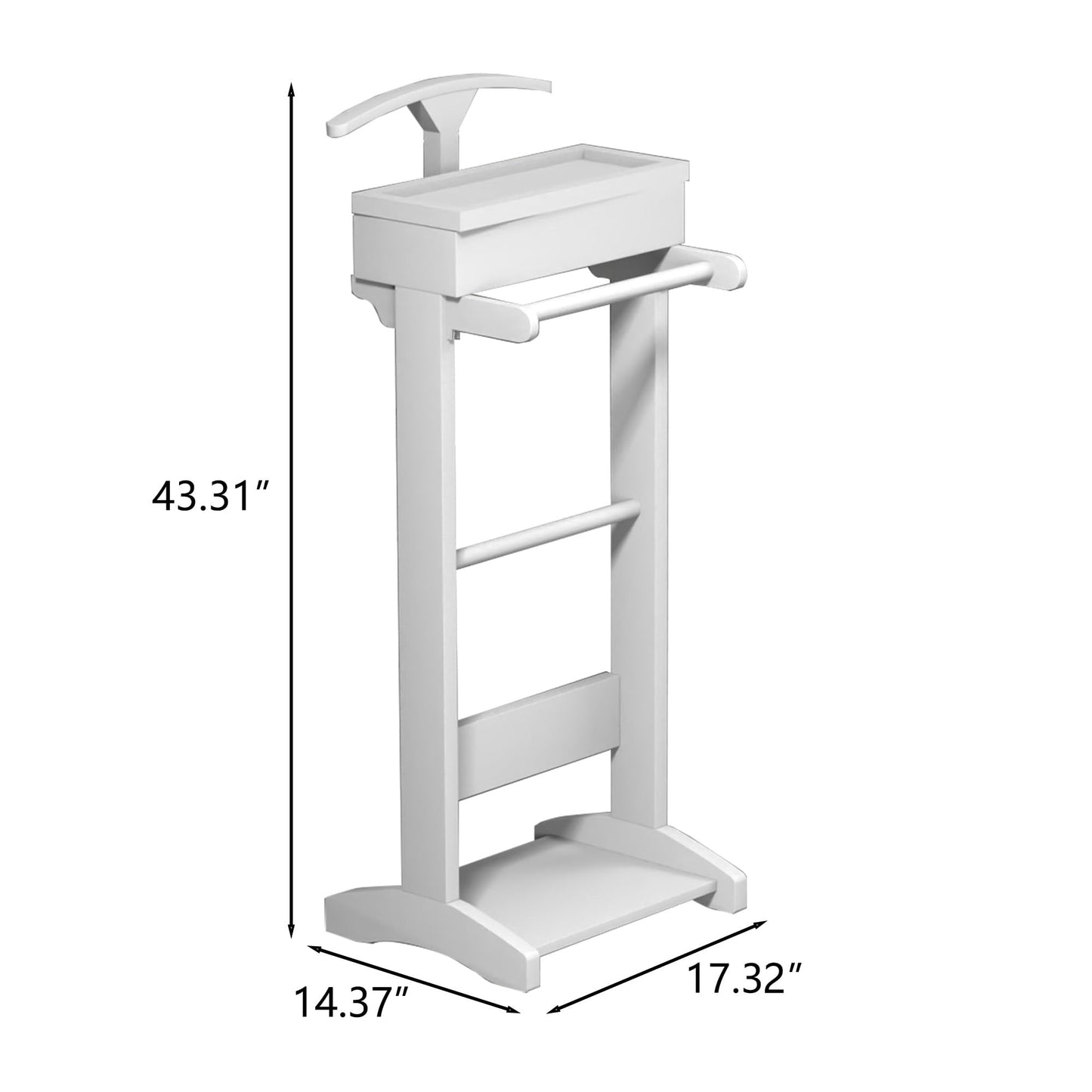 RELAHOGAR Clothes Valet Stand for Men, Wooden Mens Valet Stand with Tray Organizer, Shoe Shelf, Hanging Rod and Suit Rack, Freestanding Clothes Rack for Bedroom Entryway Office, White