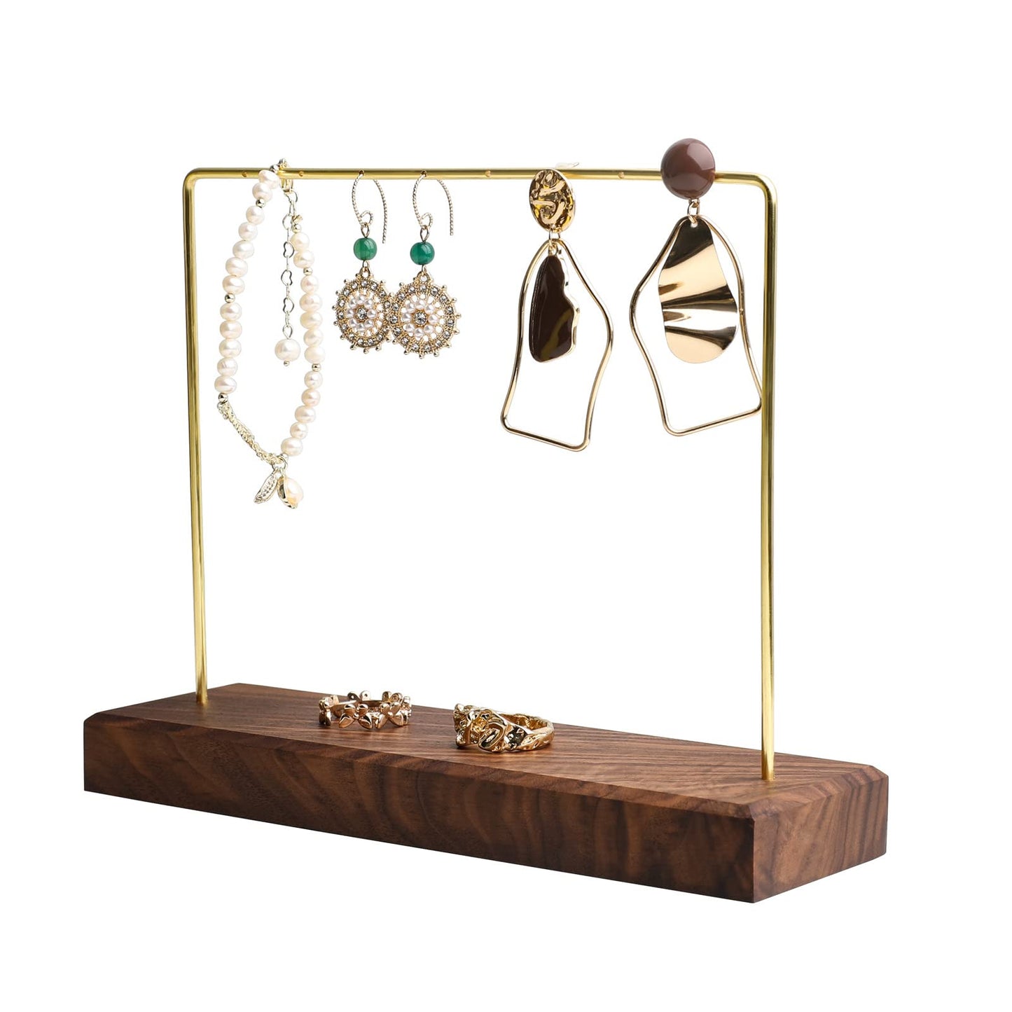 GemeShou Walnut Earring holder for selling, Brass earring stands and displays for show, Wood Jewelry Storage hanging shelf for Girl Woman【Walnut U Shelf Height 5.91"-Small】