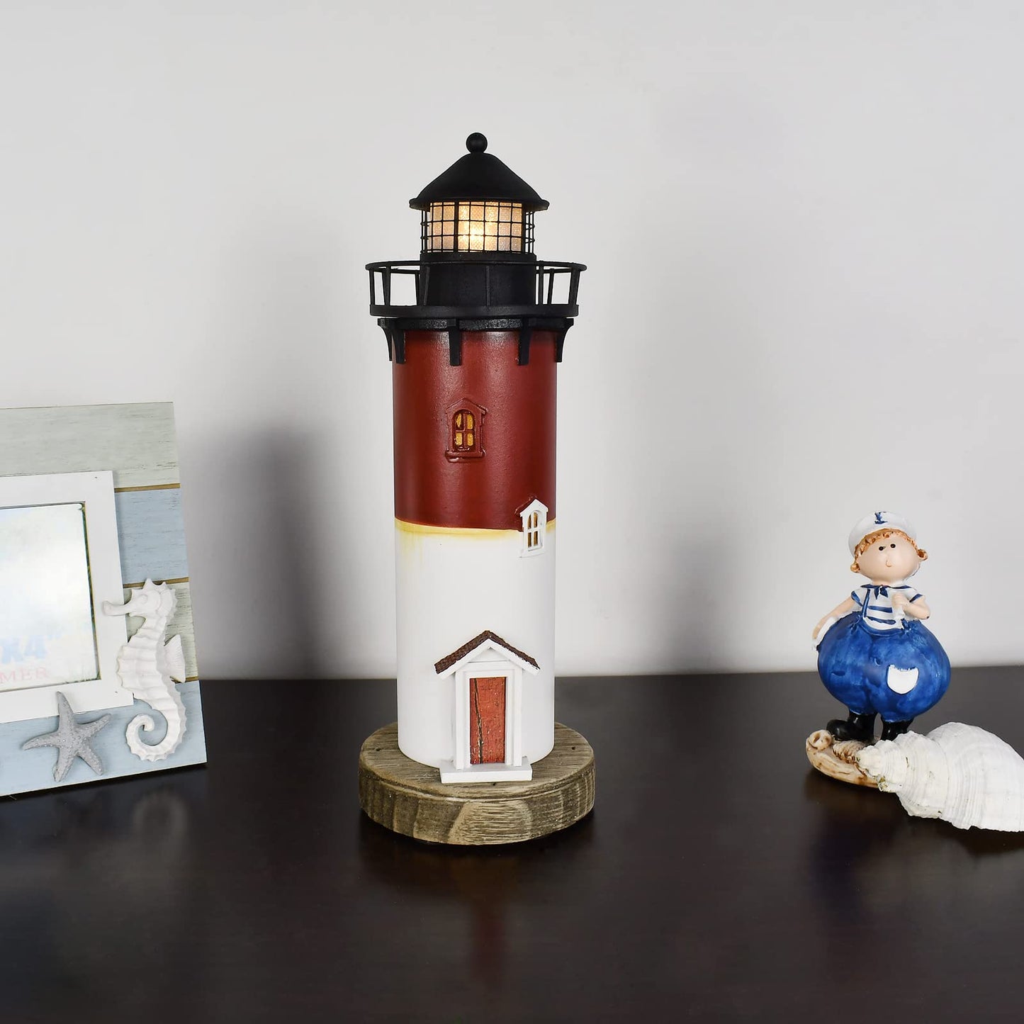 Linfevisi Wooden Lighthouse Decor with Light Tabletop Nautical Decor Solid Wood Light Houses Statue Figurines Inside Standing Coastal Beach Decorations Ocean Sea Theme Home Decor Bathroom 12.2 Inch