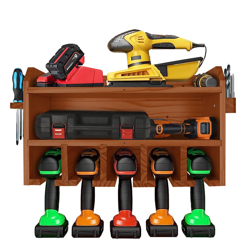 Pro Lift Cordless Drill Organizer – wall mount power tool storage rack, 5 hanging slots, wooden M-003W2
