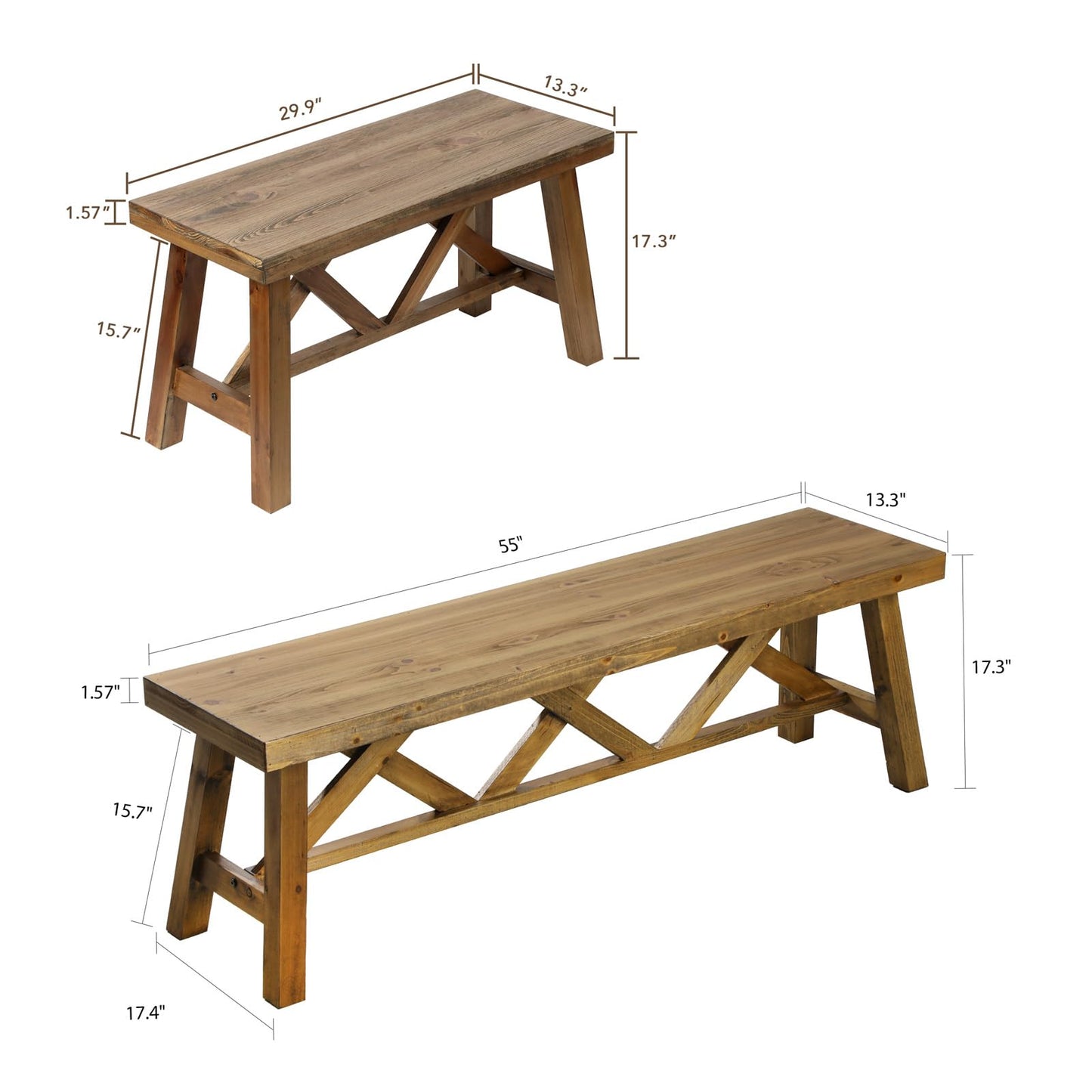 Wnutrees 30"& 54" Farmhouse Wood Bench (2 PCS), Rustic Solid Wood Entryway Benches Seat with Double X-Structure for Dining Area Living Room Hallway Natural