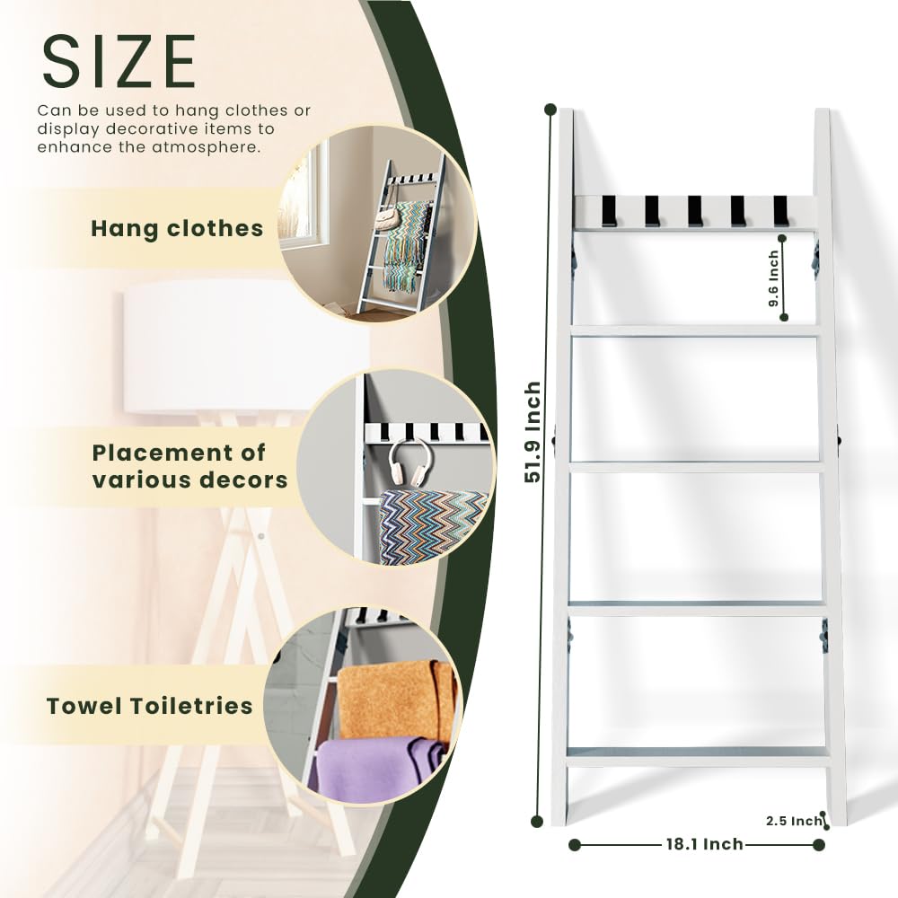 Wooden Blanket Ladder for Living Room 5-Tier, Decorative Ladder Blanket Rack & Quilt Ladder Decor with Removable Hooks, Farmhouse Wood Ladder, Anti-Slip Sturdy Blanket Holder, 5.2Ft, White