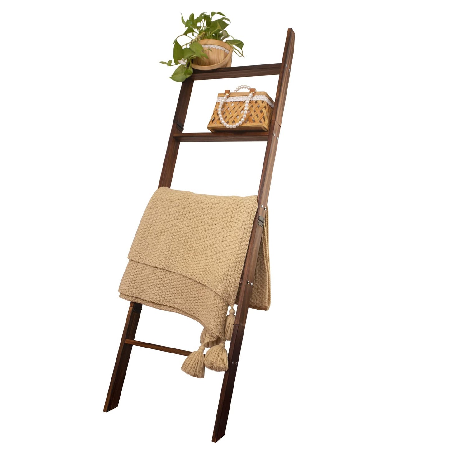 HYBDAMAI Blanket Ladder, 5-Tier Wooden Quilt Stand, Decorative Ladder Shelf, Leaning Shelf, Wall Leaning Blanket Ladder Towel Storage Rack for Living Room (Brown)