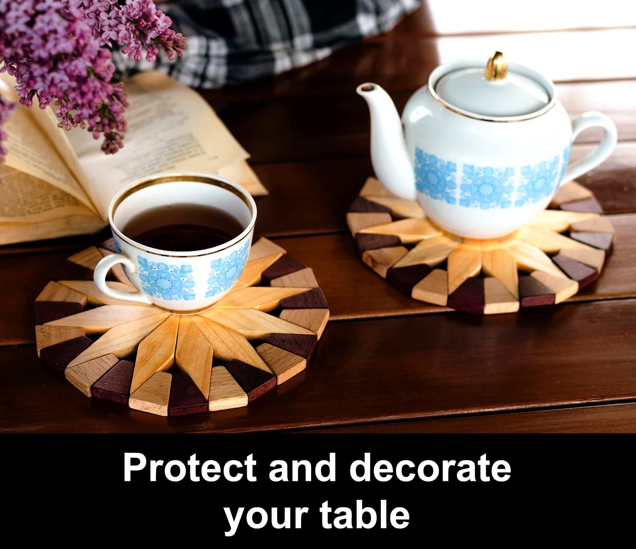 ECOSALL Natural Wood Trivets for Hot Dishes, Table and Kitchen Counter Set of 2 – Made in Ukraine Sturdy and Durable 7-inch Wooden Kitchen Hot Pads. Festive Design Table Décor – Kitchen Gift Idea
