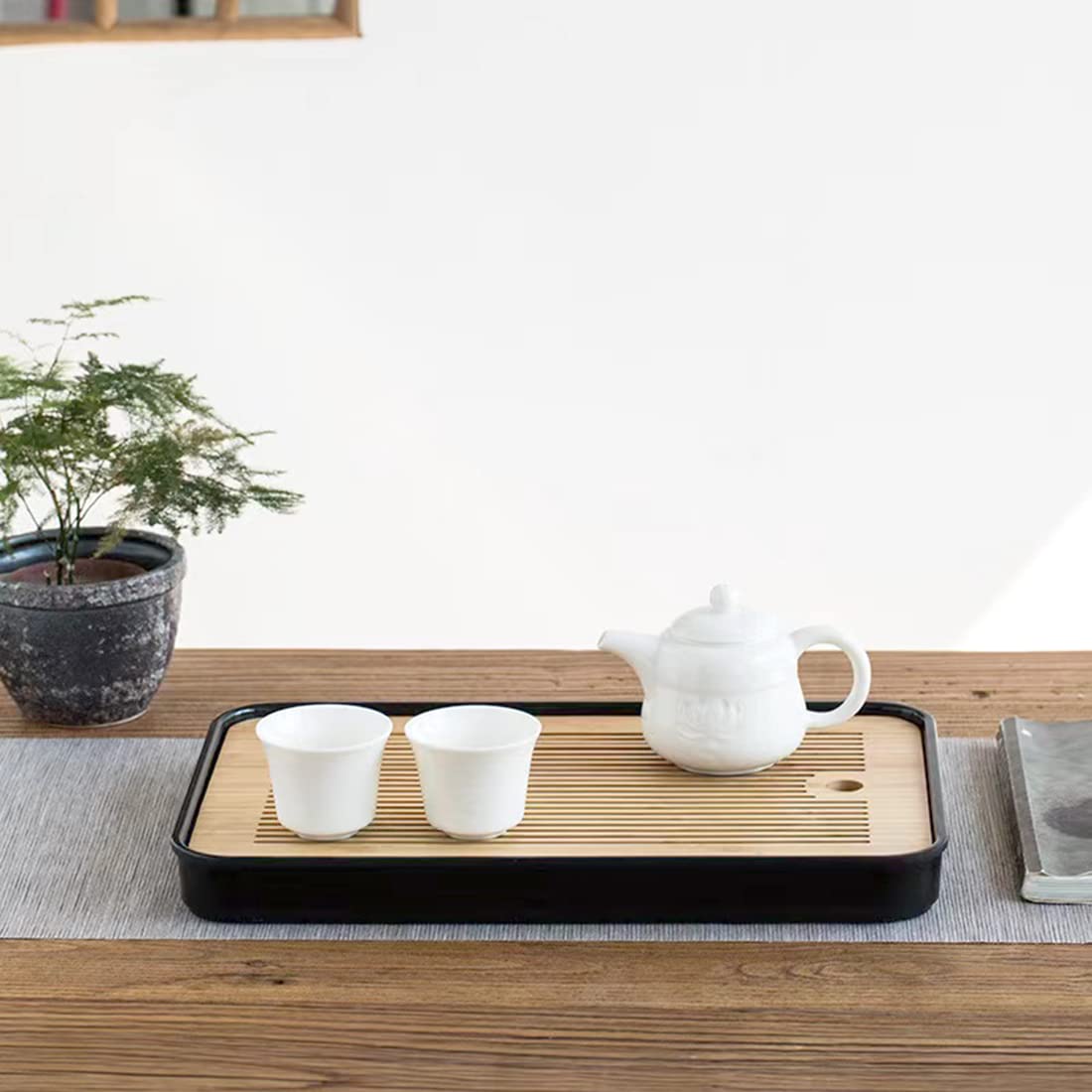 14 Inch Bamboo Chinese Gongfu Tea Tray Table Box with Water Storage for Kungfu Tea Set (Style 5 Black)