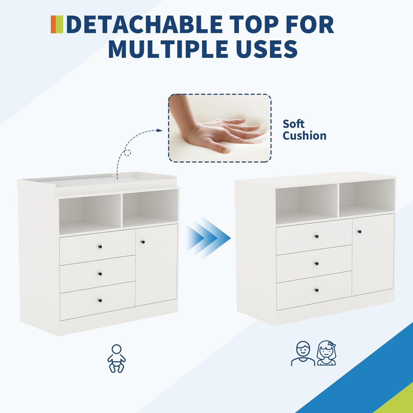 Baby Changing Table Dresser, Wooden Diaper Changing Station with 2 Open Shelves, 3 Drawers, and 1 Cabinet, Modern Baby Dressers for Nursery, Bedroom, Kids Room, White