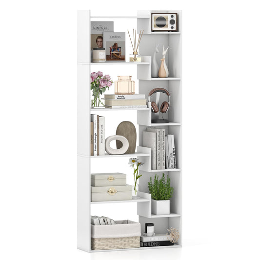 Giantex 6-Tier Bookshelf, Wooden Bookcase with Staggered Shelves, Open Display Shelf w/2 Anti-Tipping Kits, Total 11 Shelves, Decorative Storage Shelving Unit Rack for Living Room (1,White)