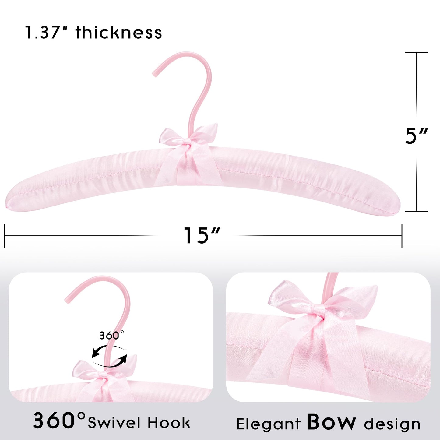 BUNCHBRAVO Women's Satin Padded Hangers – 15" Foam-Filled Wooden Clothes Hangers with No Shoulder Bumps, Bow Accent, for Sweaters, Blouses, Dresses – 5 Pack (Pink)