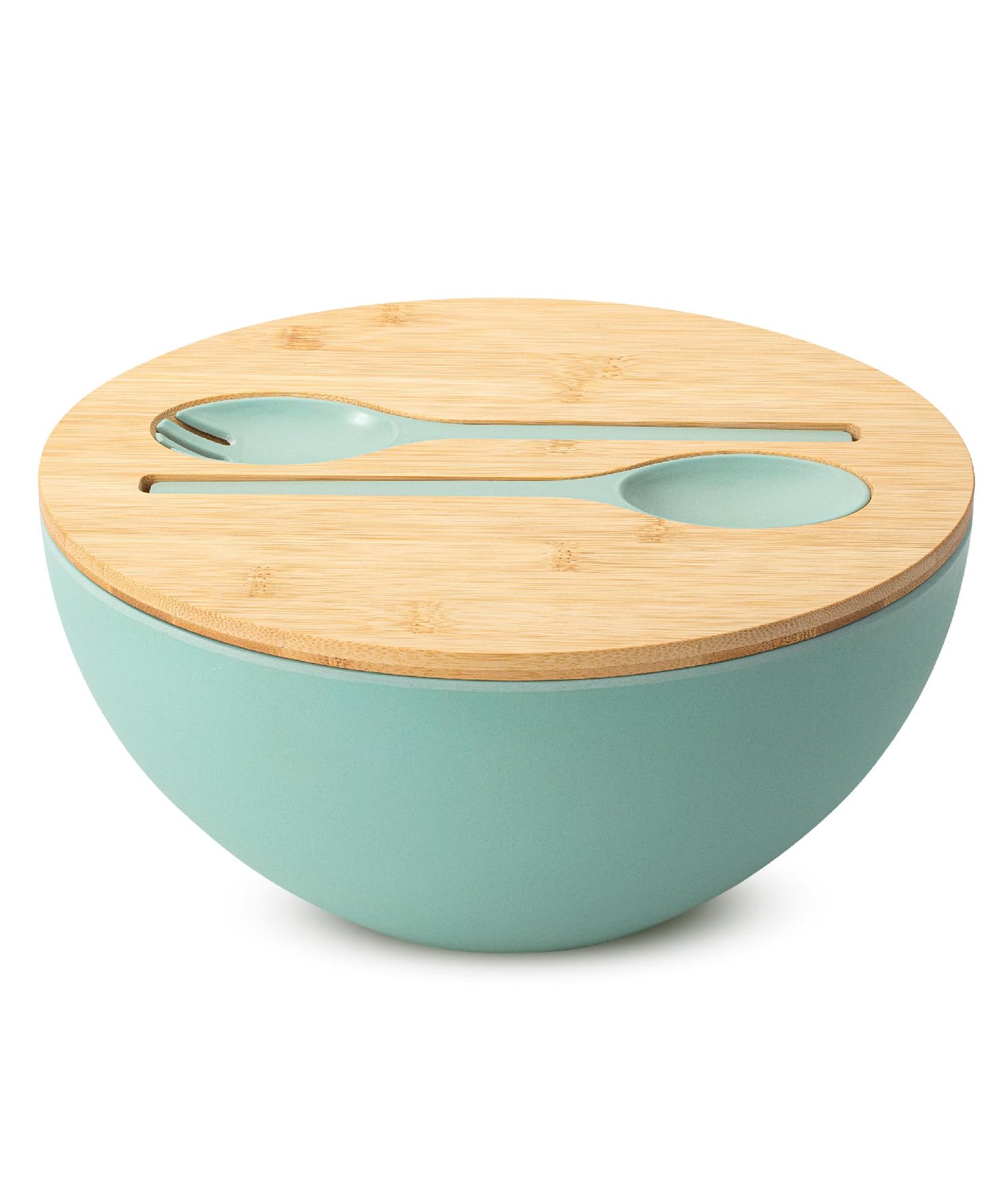 BAMBOO LAND- Extra Large Salad Bowl with Wooden Lid, 11.4 Inch/177 Oz, Mint Green, Bamboo Fiber Salad Bowl with Serving Utensils, Wide Applications
